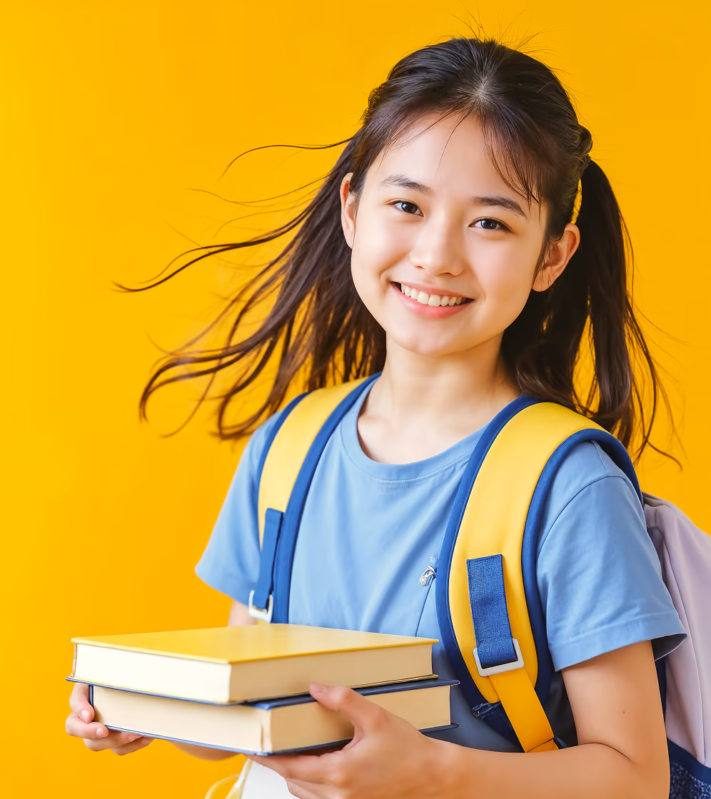 Smiling girl with pigtails holding two books and wearing a blue shirt and yellow backpack straps.